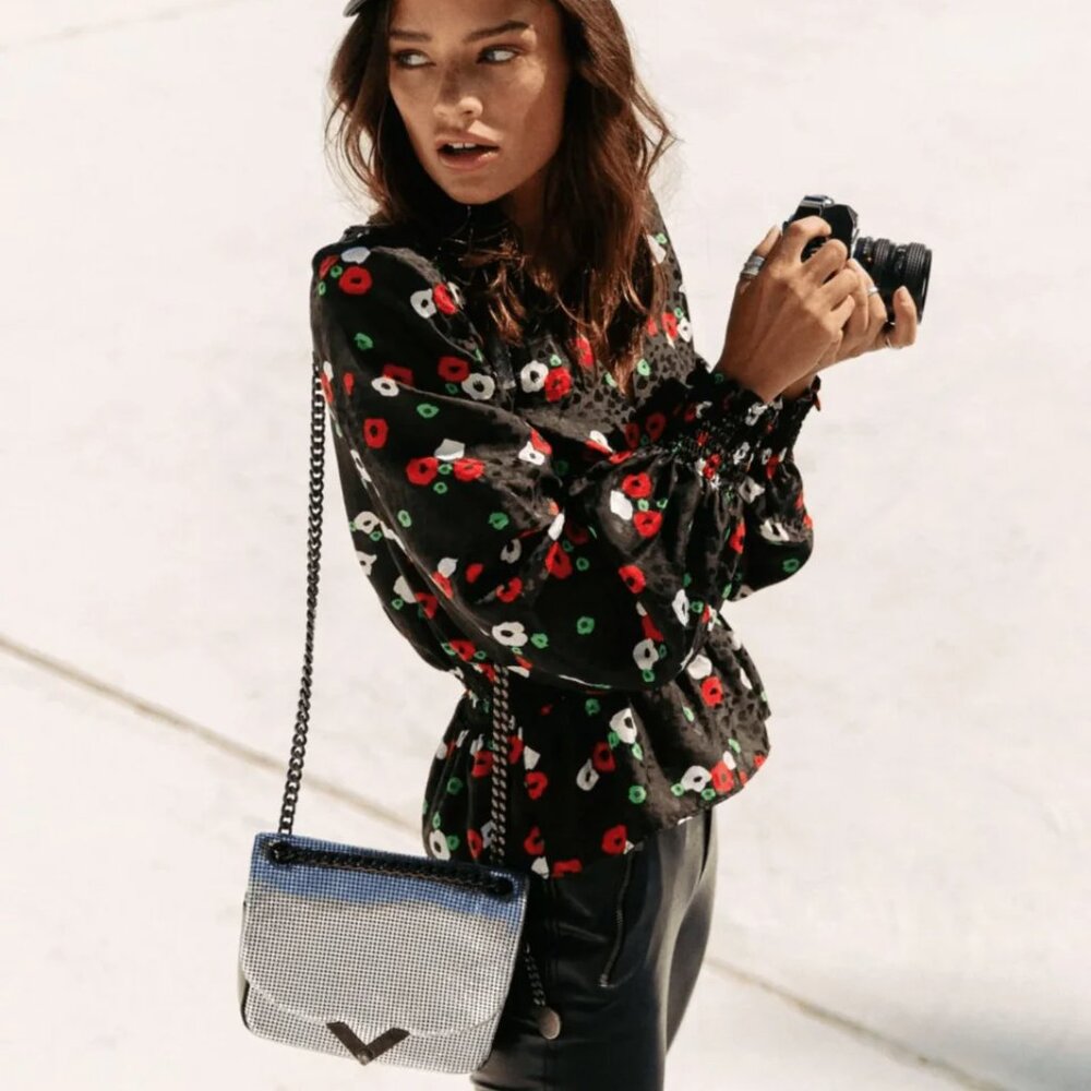 The Kooples Black Silk Blouse with Red and Green Floral Pattern